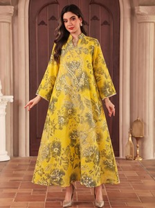 Unisex Rayon Colorblock Print Anti-Wrinkle Elegant Abaya <b>Rhinestone</b> Applique Ankle Length Long Gown Stand Collar Flare Sleeve - Product Image 3