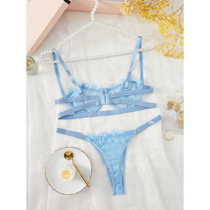 Ensemble Soutien-Gorge et Culotte Bleu Transparent en Dentelle avec Lingerie Sexy pour Femme pour le Sexe - Product Image 6