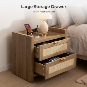 <strong>Industrial</strong> Vintage Rattan <strong>Bedside</strong> <strong>Table</strong> with 2 Drawers and Usb Charging Station for Loft Style Bedroom Furniture Nightstand - Product Image 4