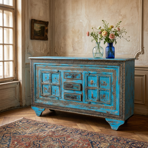 Vintage Mango Wood Distressed Blue <b>Sideboard</b> on Wheel with Brass Fitted Handcrafted For Interior Living Room Hotel Farmhouse - Product Image 3