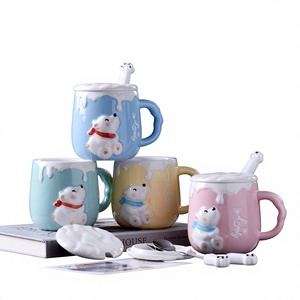 Kreative Hitzebeständige Geprägte Bären-Keramik Cartoon-Kaffeetasse mit <span class=keywords><strong>Deckel</strong></span> und Löffel Geschenkbox-Set - Product Image 1