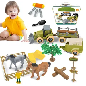 Perakitan DIY edukasi, truk traktor Trailer realistis, tokoh hewan plastik, Set mainan Pertanian