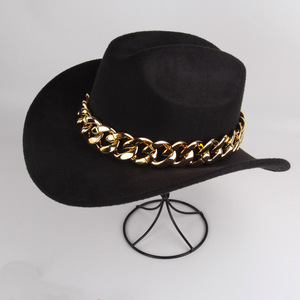Chapeau de cowboy noir en polyester, forme dôme, avec chaîne décorative, M56-58cm, accessoire de mode, style individualiste - Product Image 1