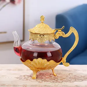 Qian Hu Vintage temizle türk çayı demliği cam çaydanlık seti arapça tarzı altın Metal tutucu