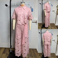 Ensemble pantalon deux pièces pour femmes, vêtements de boutique, streetwear, chemise à manches courtes avec broderie ajourée et pantalon large, ensemble deux pièces