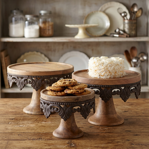 Juego de 3 Soportes para Pastel de Madera Vintage |   Base para Cupcakes de Madera de Mango Rústica |   Plato Decorativo de Hierro Fundido para Repostería - Product Image 2