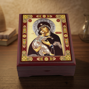 Boîte à chapelets rectangulaire artisanale en bois de noyer moderne, bordeaux et or, pour icônes orthodoxes - Art religieux en gros - Product Image 3