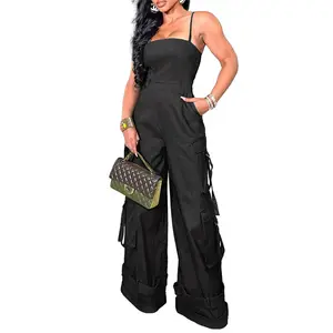 2024 Summer Women Outfits Clothing Strapless Multi-pocket Work Jumpsuit Wide Leg Cargo Jumpsuit