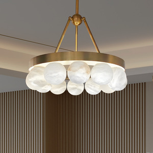 Lámpara colgante de campanas de viento redonda, candelabro de alabastro con marco de cobre español - Product Image 3