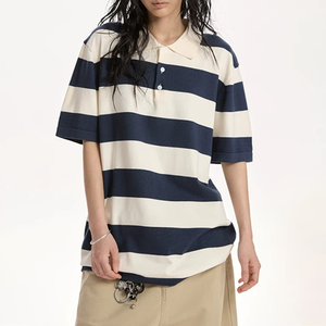 Polo de punto de algodón de manga corta holgado estilo streetwear con bloques de color azul marino y blanco para hombre, camisa polo a rayas oversize al por mayor - Product Image 4
