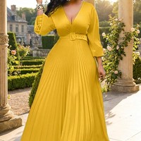 Robe longue plissée jaune personnalisée à col en V, manches lanternes, ceinture, en mousseline, pleine longueur, pour soirée élégante, OEM ODM
