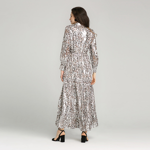 Nuevo patrón de <span class=keywords><strong>Leo</strong></span> impresión <span class=keywords><strong>manga</strong></span> larga de encaje de las mujeres vestido de seda con volantes Detalles - Product Image 2