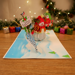 Tarjeta desplegable de muñeco de nieve, tarjeta desplegable 3D de animales hecha a mano en Vietnam, tarjeta de felicitación con flores. - Product Image 2
