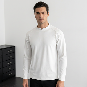 <b>Men's</b> White Stand Collar Long Sleeve Knitted <b>T</b>-<b>Shirt</b> Regular Fit Casual Solid Color Breathable Cotton Jersey made in Bangladesh - Product Image 5