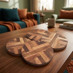 Sous-verres et tapis de table ronds en bois faits à la main, écologiques et de qualité supérieure, pour tasses à thé, usage en gros sur table, boissons chaudes/froides - Product Image 3