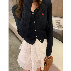 2025 automne décontracté Style coréen col rond haut cerise brodé crème solaire surchemise mince tricoté Cardigan veste - Product Image 3