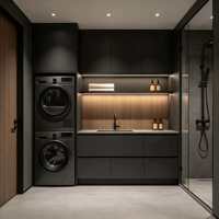 Hub de buanderie moderne et élégant avec éclairage LED, rangement intégré, laveuse/sécheuse double et douche fermée pour maisons de luxe – Organisation et rangement de la buanderie
