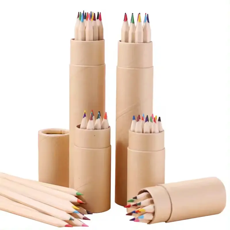 Juego de tubos de papel Kraft personalizados, 12 lápices de colores, lápices redondos de madera estándar con impresión personalizada