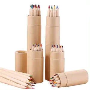 Custom Kraft Paper Tube Set 12pcs Color Pencils Standard Wooden Round Pencils With Custom Printing
