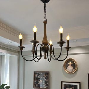 Lustre LED rustique en <span class=keywords><strong>bois</strong></span> vieilli et fer forgé, style campagnard français, avec pampilles en forme de bougies, angle de faisceau 360°, pour salon - Product Image 1