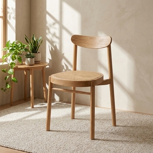Sgabello Rotondo in <span class=keywords><strong>Legno</strong></span> di Frassino Bianco <span class=keywords><strong>e</strong></span> Rattan, Stile Wabi-Sabi, Design Nordico per Piccoli Appartamenti, <span class=keywords><strong>Sedia</strong></span> in <span class=keywords><strong>Legno</strong></span> Massello con Schienale Curvo, Minimalista Giapponese - Product Image 2