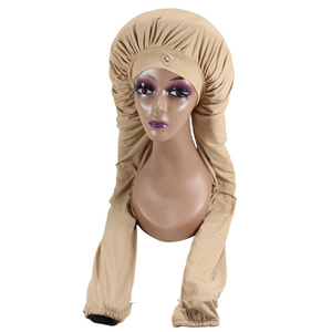 HZM-25594 カスタムロゴ入り高級大人用ロングヘア用スリーピングキャップ パンティストッキング付きボンネット（2本のチューブ付き）女性用伸縮性ターバン - Product Image 2