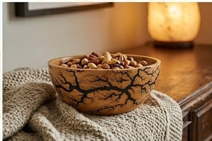 Bol de service rond en bois fait main, élégant, avec motif brûlé par électrolyse, idéal pour servir des fruits et des salades - Product Image 4