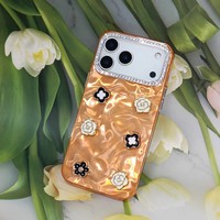 Coque de téléphone 3D Fleur & Camélia pour iPhone 7/8/X/11/12/13/14/15/16/17 Texture Ondulée Luxe avec Cadre d'Appareil Photo en Strass