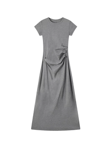 Abito da donna a maniche corte con scollo rotondo arricciato, vita sottile e gonna lunga a trapezio che snellisce. - Product Image 5