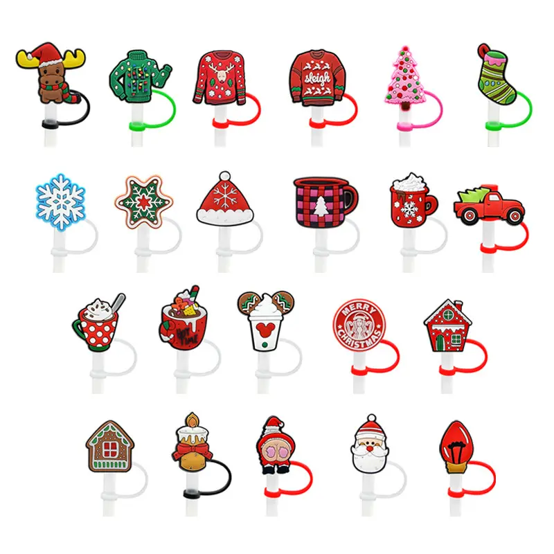 Hot Sale Party Dekoration Schöne Cartoon Weihnachts baum Weihnachts mann Stroh Topper Werbe geschenk Stroh Charm Cover Großhandel