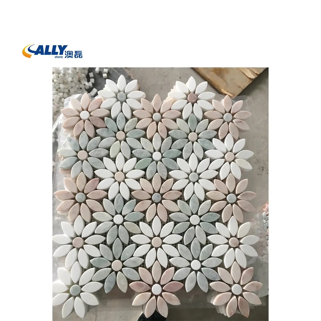 Natural Marble Mosaic for Kitchen Splash Tiles Pink and White Flower Shaped Marble Mosaic Tiles