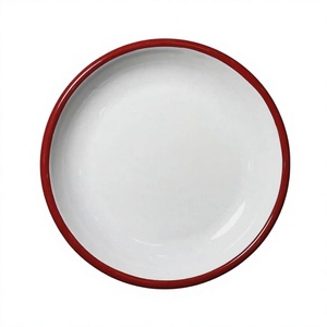 Vaisselle de restaurant en métal émaillé blanc avec bord rouge personnalisable, assiettes de présentation de style élégant de qualité alimentaire, vaisselle de table - Product Image 1