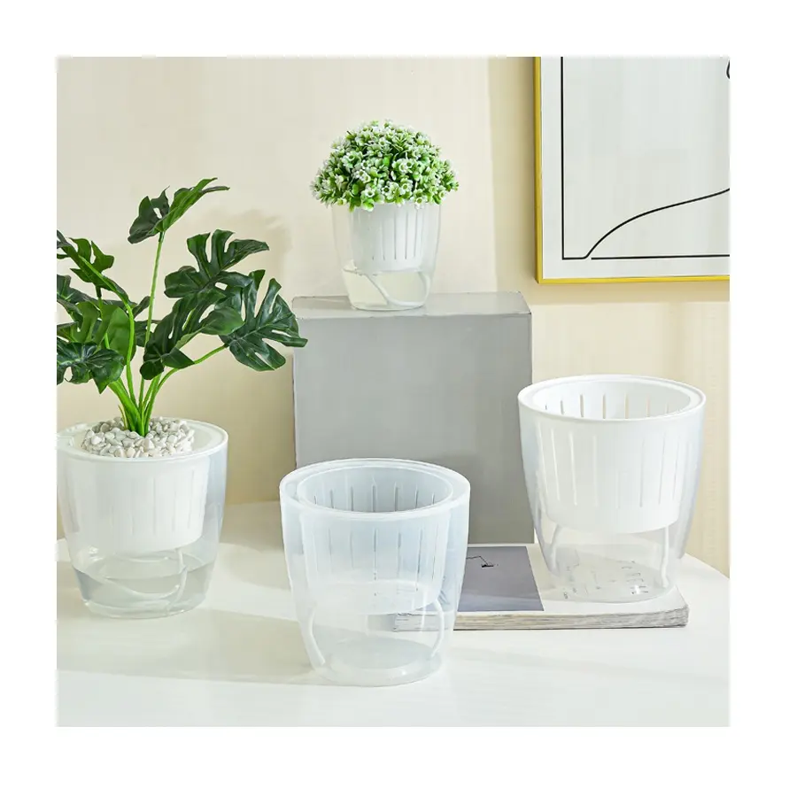 Wholesale Multi Sizes Ready Stock Round Plastic Transparent Lazy Self Watering Planters