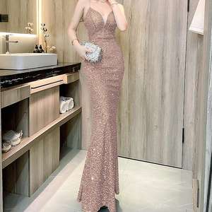 Vestidos de noche largos de cola de pez con lentejuelas, cuello en V y corte halter para mujer, a la moda. - Product Image 5