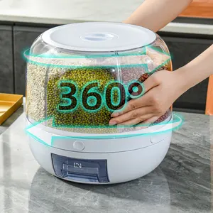 Dispensador de arroz rotativo 360 °, vidro de 15 kg, dispensador de arroz com 6 grades, cereais e grãos, supermercado, armazenamento de alimentos secos