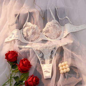 Wholesale Women's Floral Embroidery Sheer Mesh Bra and Thong <b>Set</b> 2 Piece Underwire Lace Lingerie <b>Set</b> Breathable <b>Sexy</b> Bra <b>Set</b> - Product Image 4
