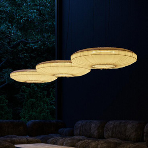 Lustre vintage style Wabi Sabi, luminaire suspendu rond à LED pour restaurants, hôtels, salons, éclairage décoratif en tissu - Product Image 4