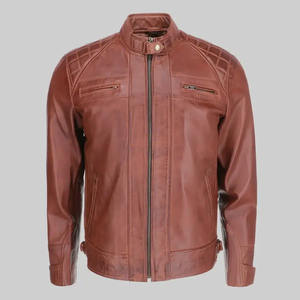 Men Winter Slim Fit Tan Quilted Genuine Leather Moto Caf <b>Racer</b> <b>Jacket</b> with Stand Collar Zipper Closure and Polyester Lining - Product Image 1