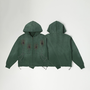 KingSen 100% Cotton French Terry <b>Fleece</b> Full <b>Zip</b> Hoodie Vintage Washed Drawstring Hem Spider Studded Oversized Streetwear - Product Image 1