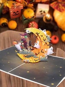 Carte de vœux en papier gaufré 3D de haute qualité, <span class=keywords><strong>illustration</strong></span> fantastique, sorcière à balai, croissant de lune, chat noir, fantôme, Halloween - Product Image 4
