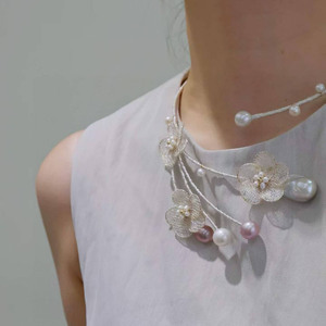 14K Gold Filled Floral Choker Necklace, Italian Lace Craft Handmade Necklace With Natural Edison Pearl - Product Image 4