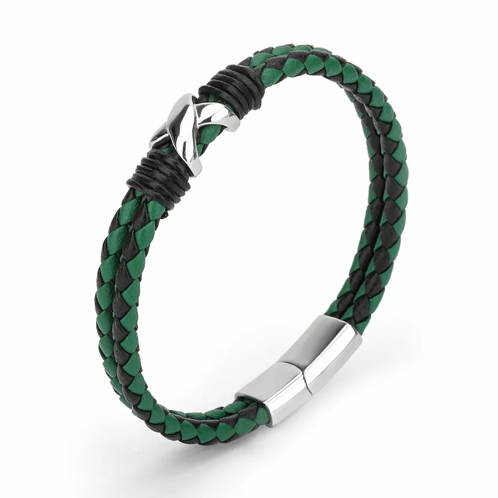 Accesorios de joyeria de acero inoxidable con brazalete de pulseras de cuero verde de color black para hombres y mujeres
