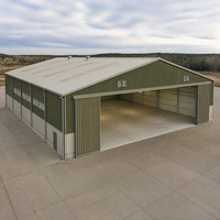 Hangar d'avion vert avec porte coulissante large, persiennes de ventilation, baie latérale et accès par aile ouverte pavée