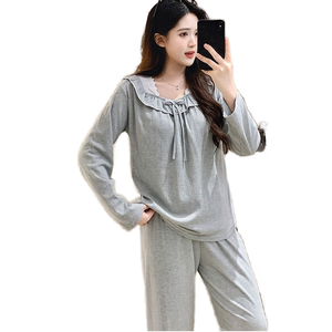 Pyjama long à manches longues style princesse douce, taille élastique, avec dentelle coréenne, chemise de nuit décontractée et minimaliste pour la maison – Collection Hiver, Printemps, Automne - Product Image 2