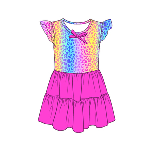 GSD4104 Vestido de verano para niña, con estampado de flores rosas y lazos, manga voladora, largo hasta la rodilla, venta al por mayor - Product Image 2