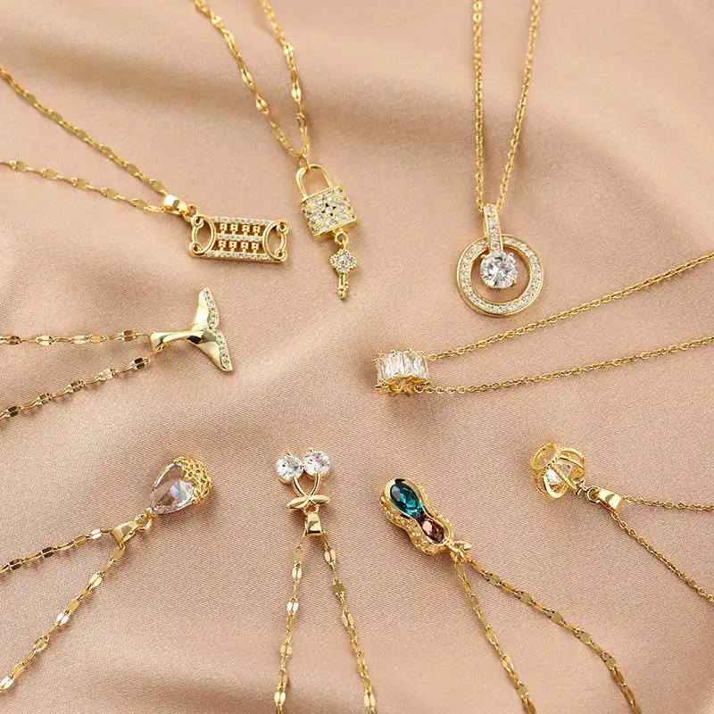 Kalung Liontin Kristal Zirkon Berlapis Emas 18K, Kalung Batu Permata Baja Tahan Karat Perhiasan untuk Wanita