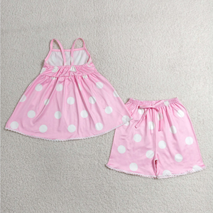 Ensemble de pyjama décontracté rose à pois pour bébé fille, deux pièces, avec débardeur à manches courtes et short à taille élastique avec nœud et ourlet en dentelle, écologique - Product Image 3