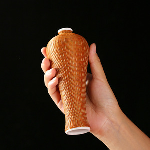 Handmade Bamboo Woven Ceramic <b>Vase</b> Round Asian Zen Style Decorative <b>Small</b> Plum <b>Vase</b> For Tea Room And Dining Table - Product Image 3