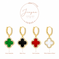 Pendientes Colgantes Florales de Cuatro Pétalos de Acero Inoxidable Vintage con Incrustaciones de Piedra Natural, Joyería Unisex de Moda