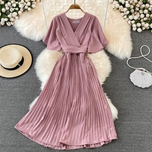 Verano nuevo estilo cuello en V <span class=keywords><strong>Vestido</strong></span> <span class=keywords><strong>de</strong></span> manga corta rodilla-adelgazamiento plisado elegante Ladylike cintura-ceñido con cordones grandes vestidos casuales - Product Image 4